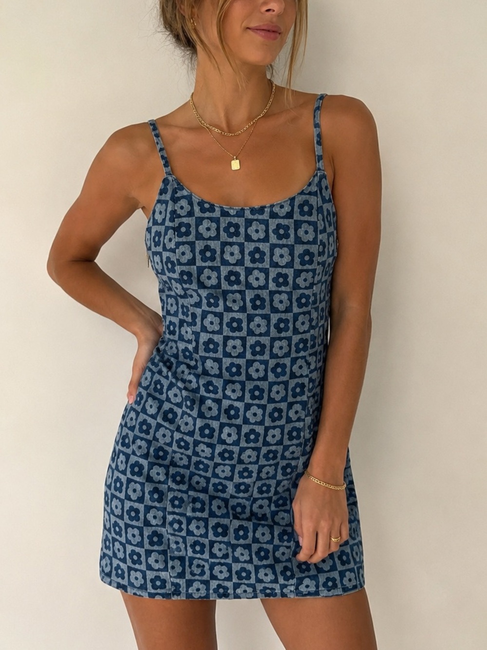 H&M Divided Blue Floral Checker Denim Mini Dress | Size 8
